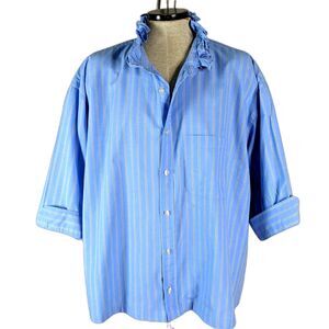 Upcycled Blue Stripe Ruffle Neck Men Oxford Shirt Women Size 2X XXL Arrow Cotton